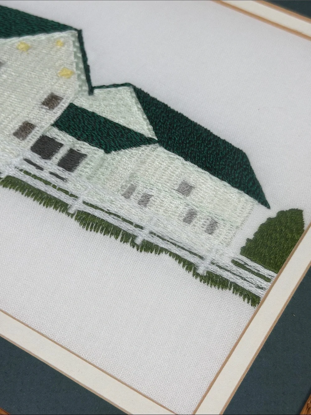 Vtg Needlepoint Embroidered White Farmhouse Crewel Barn wood Frame Wall Hanging